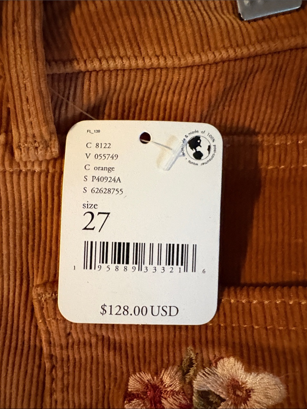 NWT Driftwood/Free People Embroidered Corduroy pants - Picture 6 of 7
